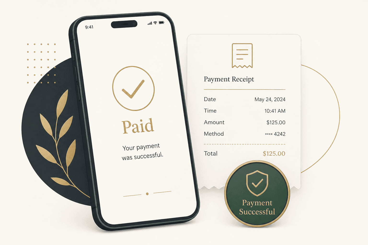 Illustration of a paid confirmation and receipt. Process art, not a real payment.