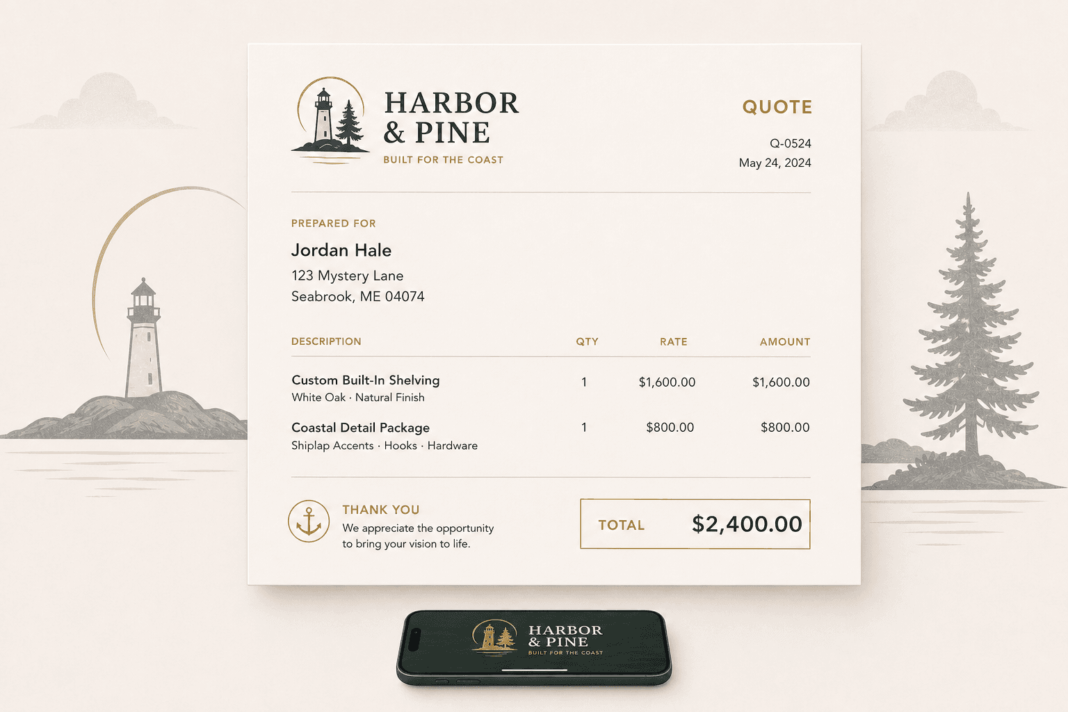 Illustration of a labeled sample quote sheet over a small phone. Process art, not a real customer document.